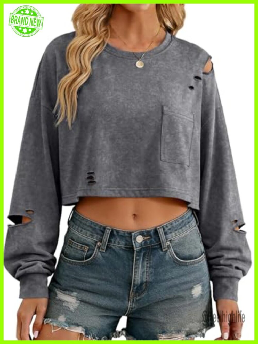 Womens Cropped Sweatshirt Distressed Long Sleeve Crop Top Casual